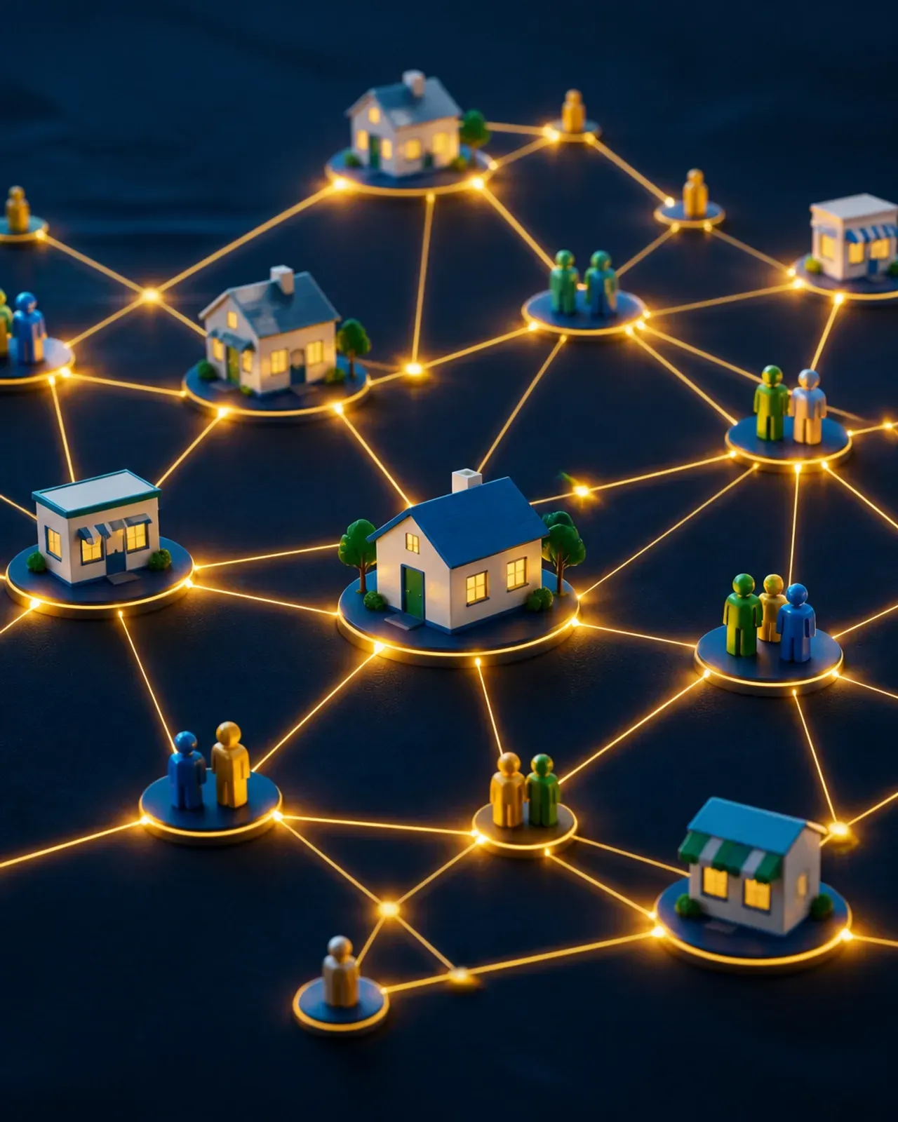 Rental Homes and Resident Groups Connected by Glowing Lines Across a Dark Blue Network