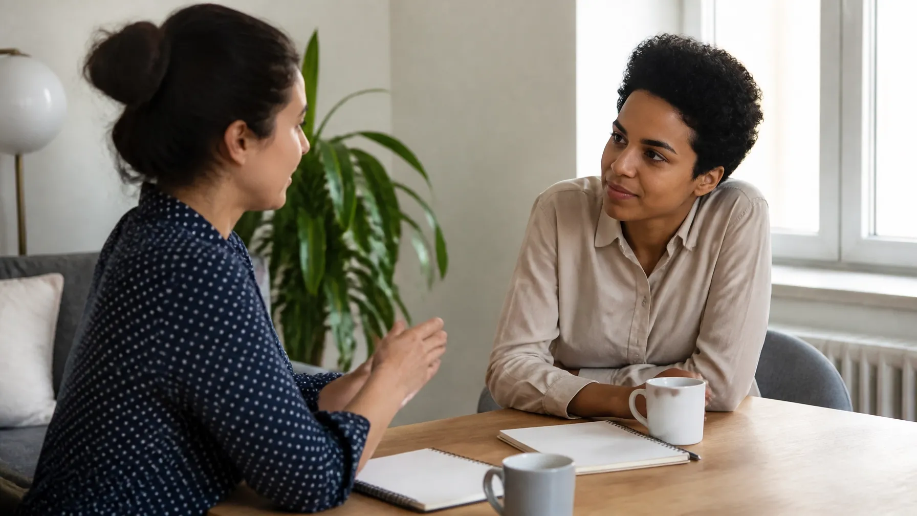 Two Professionals Having a Focused Coaching Conversation Across a Table
